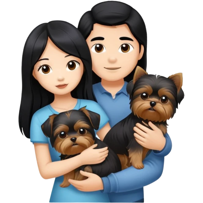 A beautiful Asian girl with long black hair is holding a Yorkshire Terrier. She is standing next to her tanned boyfriend, who is holding a Shih Tzu. They are each holding one dog each emoji