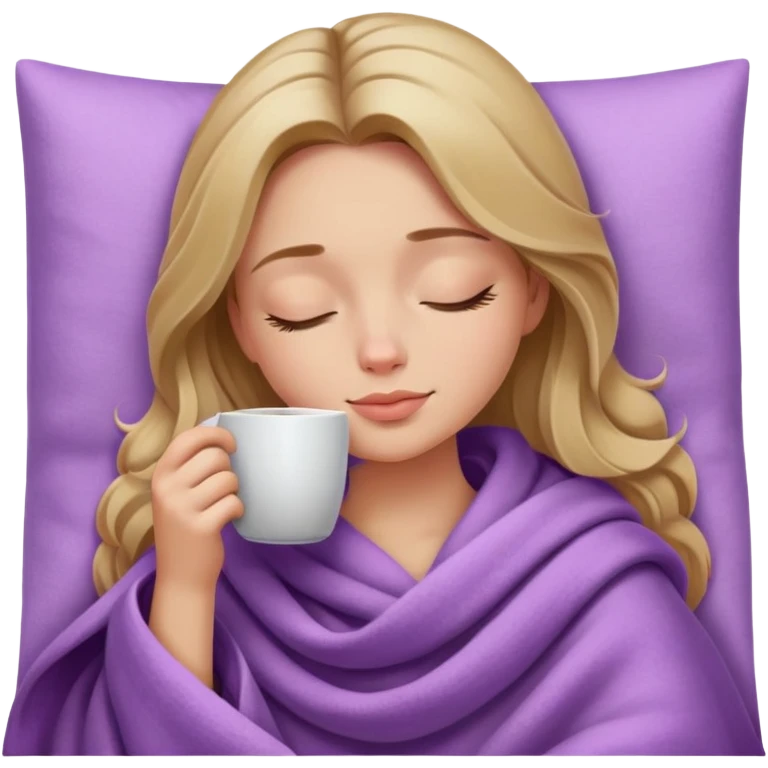 dark blonde girl inside a lilac blanket sipping coffee eyes closed emoji