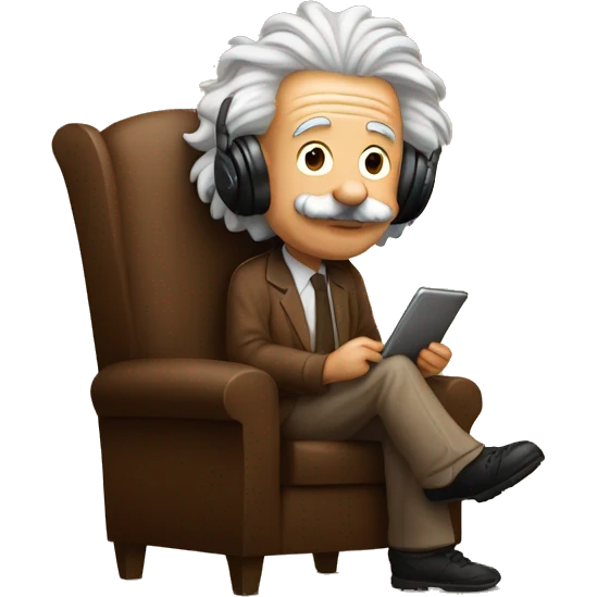 albert einstein happy listening music with just wireless headphones while sitting on the brown chair emoji