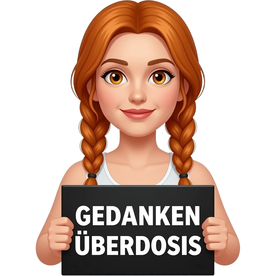 sexy girl with long ginger braids and ginger eyes wearing a white tanktop is holding a black sign with GEDANKEN ÜBERDOSIS written on it emoji