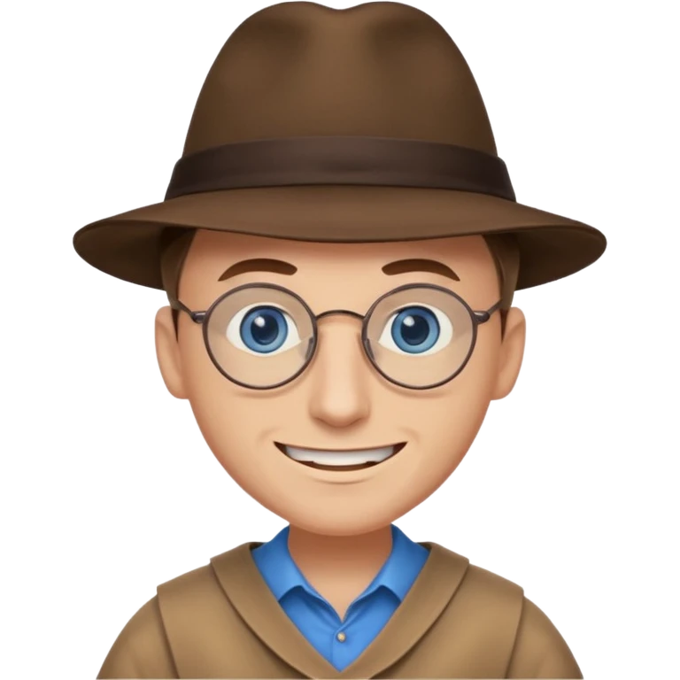 A man with sharp and thin face, brown round glasses, a brown hat and a brown costume with beige shirt (shoulders only), with blue eyes and a large smile on his face and menacing eyes. emoji