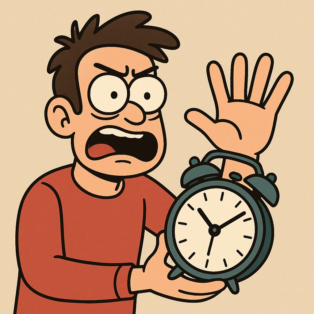 person holding a clock in one hand, counting to five with the other hand, clear and bold style emoji