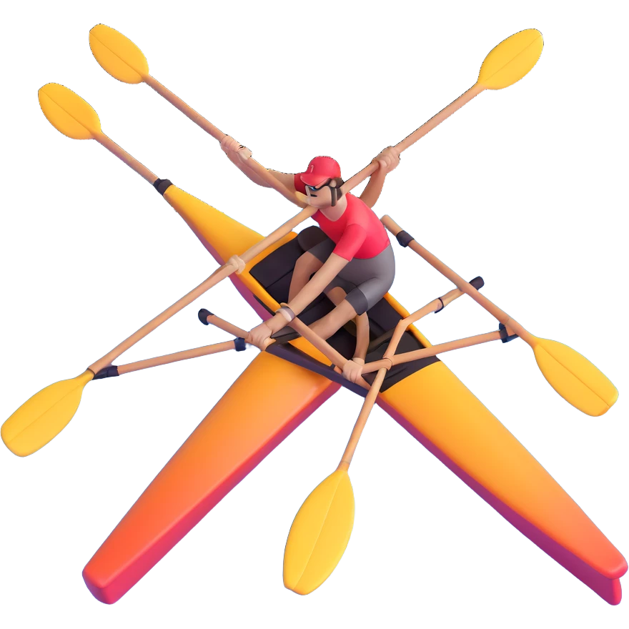 single-person Olympic rowing boat with professional racing style, with rower, maximum 2 oars, bird's-eye view, minimal sea effect with rounded corners emoji