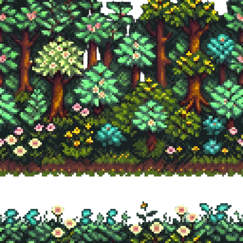 springtime forest with blooming flowers and green foliage in pixel art style emoji