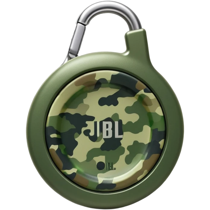 Highly simplified JBL Clip 4 speaker with proper circular form and carabiner clip, subtle green camouflage pattern, iOS emoji style emoji