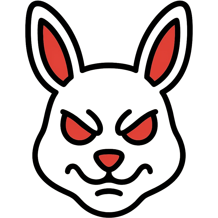 intricate white rabbit mask with red accents, evil expression emoji