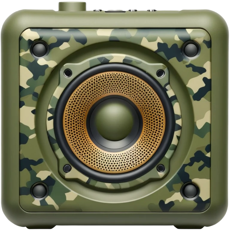 Geometric JBL Clip 4 speaker with olive green digital camouflage pattern, iOS emoji style emoji