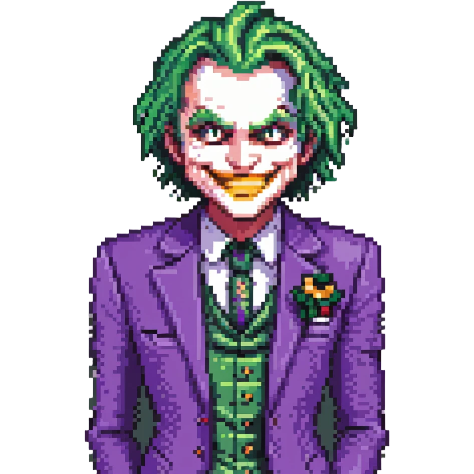 Joker with purple suit and green hair, grinning, pixel art style emoji