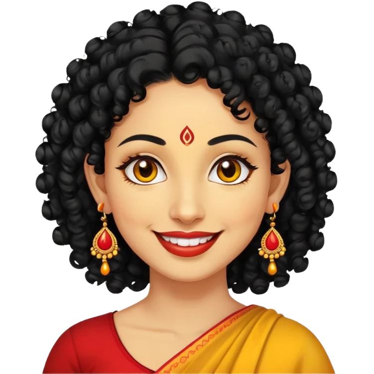 "- Phụ nữ
- 35 tuổi
- Da vàng
- Tóc đen xoăn nhẹ
- Có chấm đỏ Bindi, đeo khuyên tai
- Mặt cười
" emoji