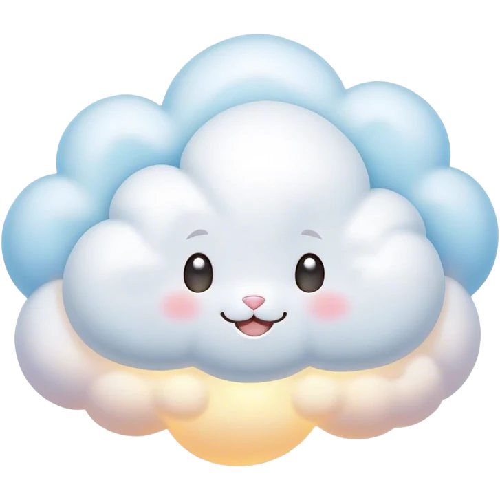 Cinematic tiny puffy bunny-shaped cloud, floating gently in the sky, soft glowing light, tiny rounded ears, smiling face, dreamy and magical. emoji