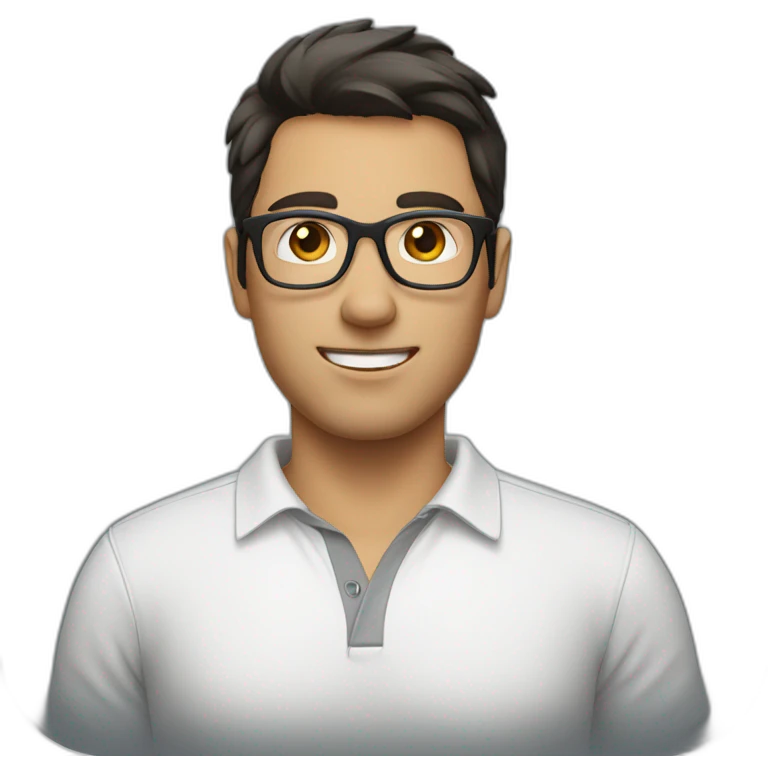 guy with dark hair, a white polo and grey glasses emoji