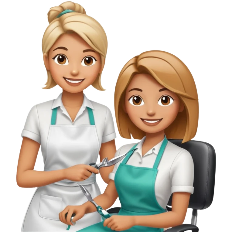 smiling woman in apron sitting in salon chair, smiling female hairstylist behind her with scissors emoji