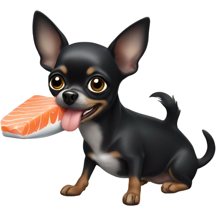 Black chihuahua with salmon in mouth emoji