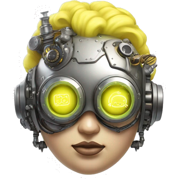 Fat Caucasian female cyborg head with Neon yellow bobbed hair, silver steampunk goggles and circuits emoji