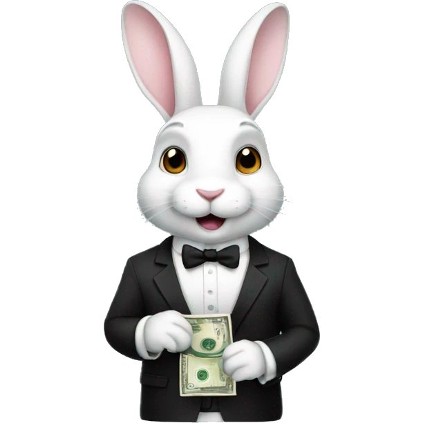 White Rabbit with black suit holding dollars emoji