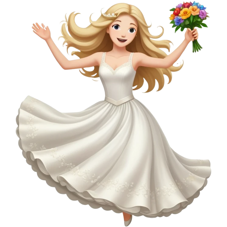 White woman - long hair - white wedding dress - happy - jumping - fashion - elegant - flowers - dreamy - colorful emoji