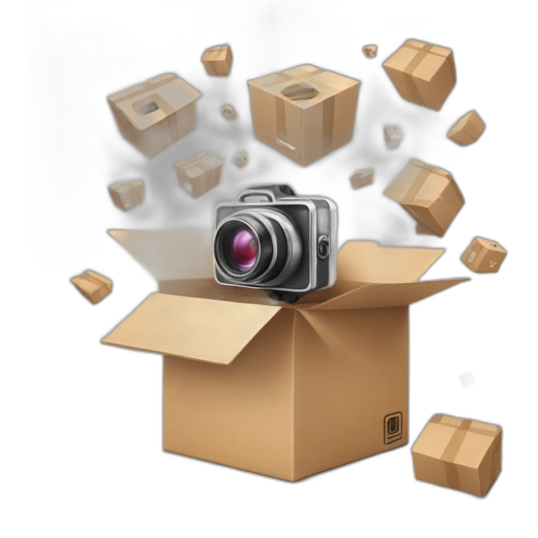 Video Camera, Instagram YouTube icons fly out from the Cardboard box emoji