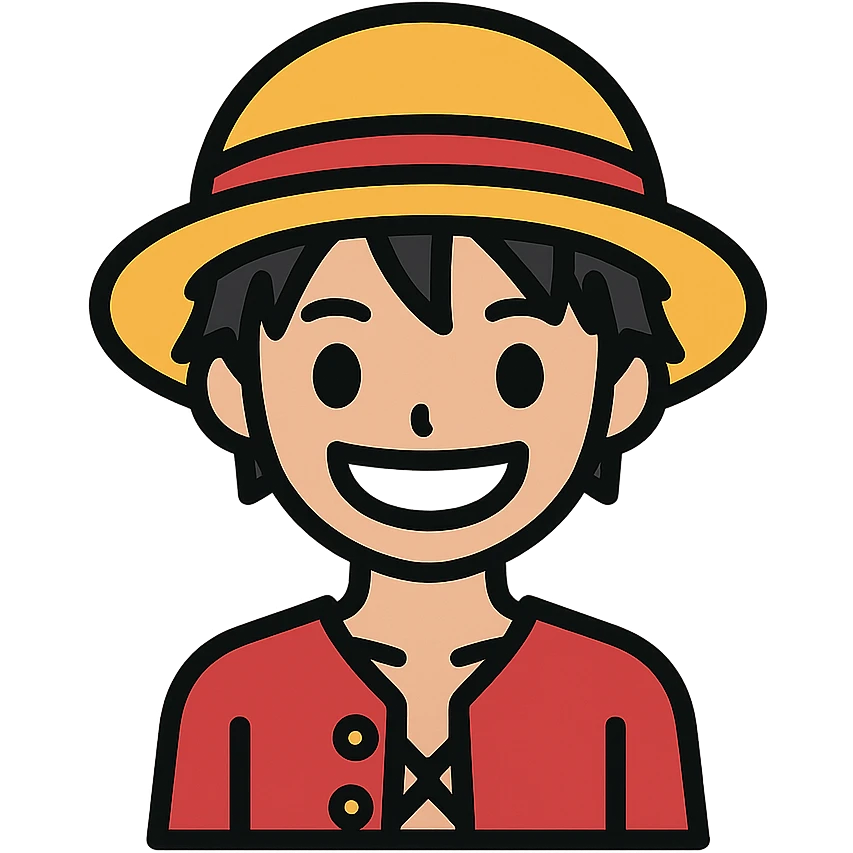 Luffy from One Piece as a color icon, flat colors, outlined, signature straw hat, red vest, cheerful face emoji