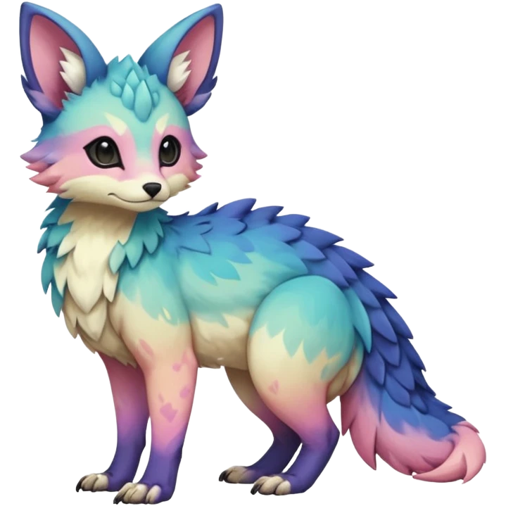 Feral Rare realistic edgy pretty beautiful handsome gorgeous pastel-gradient aesthetic colorful vibrant Vernid-Trico-species-Fakemon-creature by LiLaiRa, random markings, tufted ears, full body emoji