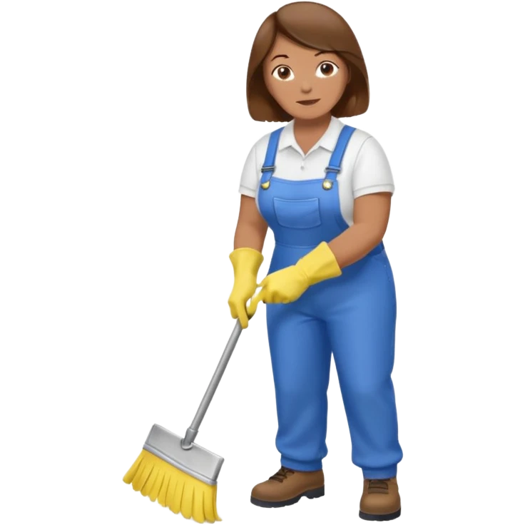 old and fat women, brown hair, Custodian with yellow rubber gloves, white T-shirt, blue overalls, mopping floor emoji
