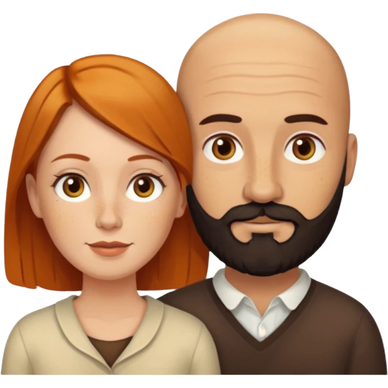 Couple. Bald man with dark brown-black beard. White woman with many small, faded freckles, she has white skin and she has auburn-yellow-brown-cinnamon, dark hair. She has light orange-brown eyes. The man have hazel eyes. Retro style. emoji