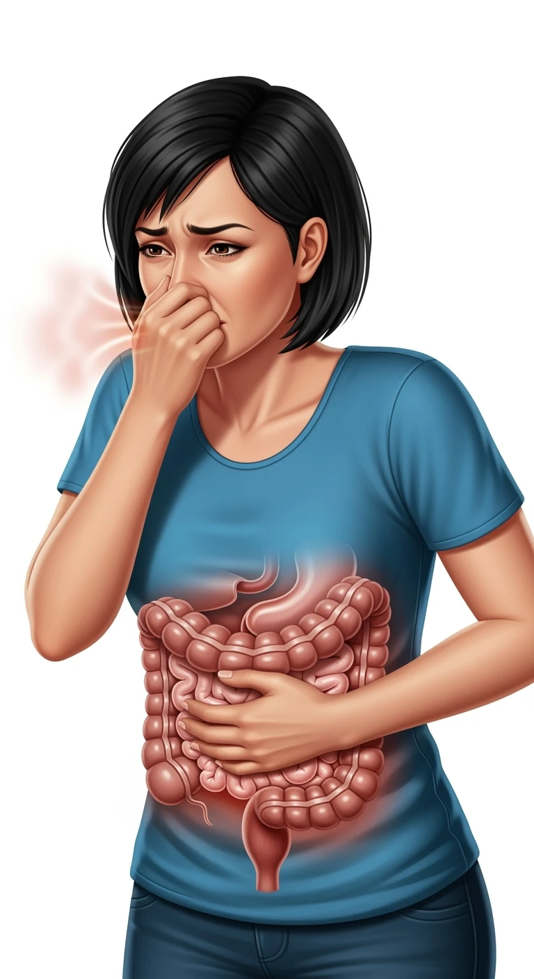DONNA CHE SI TIENE LA PANCIA CON LA MANO E SI TAPPA IL NASO PER LA PUZZA, INTESTINO UMANO ANATOMICO IN EVIDENZA, ISOLATA SU SFONDO BIANCO emoji