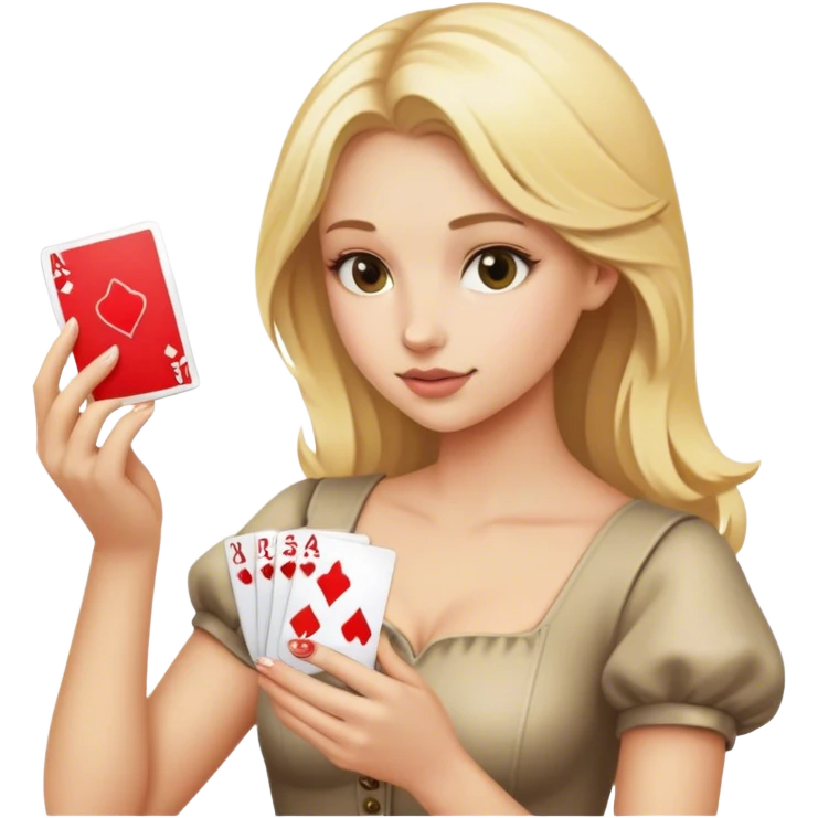 Blonde girl makes a hand on the cards emoji