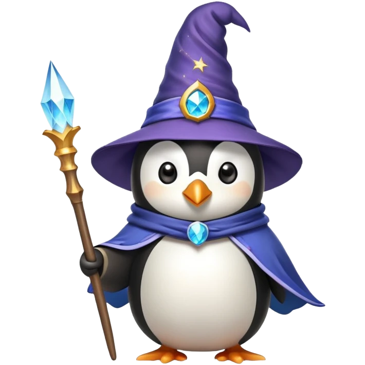 penguin dressed as a wizard with a magical wand and pointy hat emoji