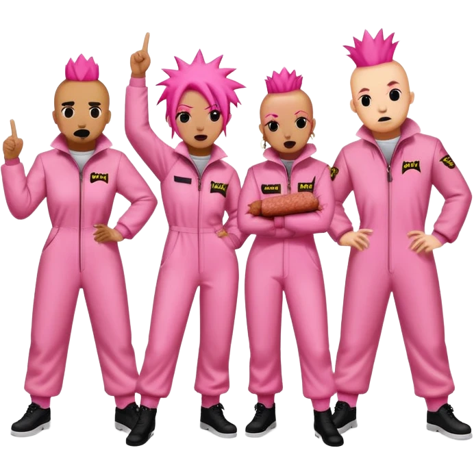 punk artists in pink jumpsuits protesting for spam meat as art emoji