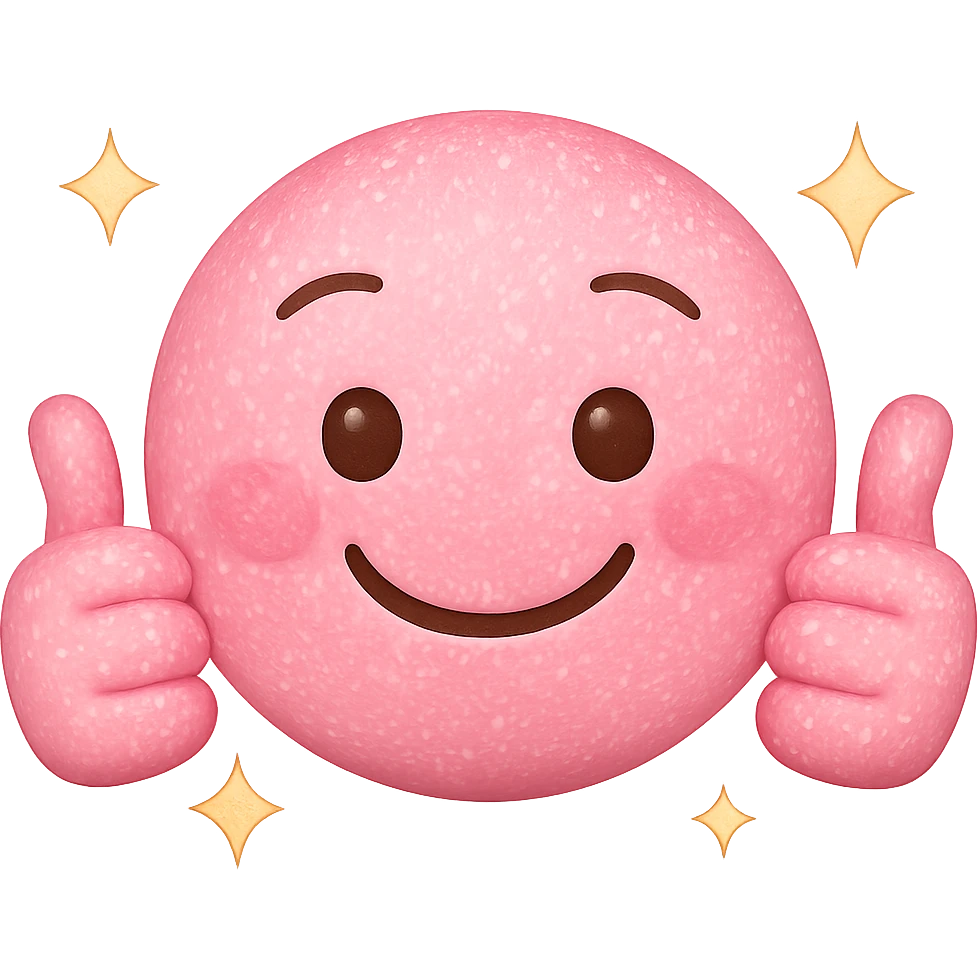 Make the pink smiley face with sparkling effect and two thumbs up look less creepy, add a warm, joyful smile and gentle eyes. Keep the sparkles and pink color. No background. The style is a pink sparkly emoji with sparkles and thumbs up. emoji