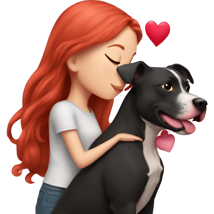 Girl with red hair kissing big black pitbull dog, pink hearts emoji