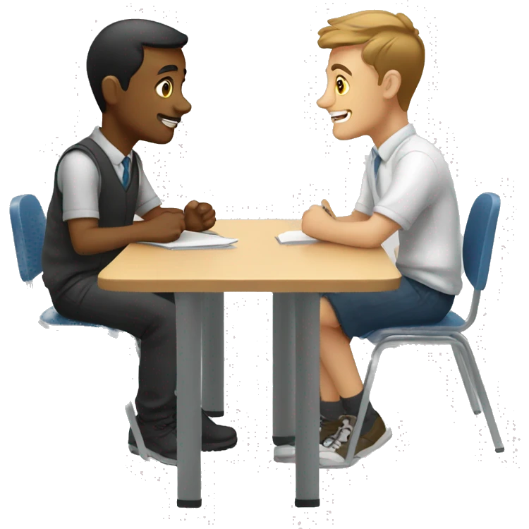 European students sitting at desks. They are talking to each other emoji