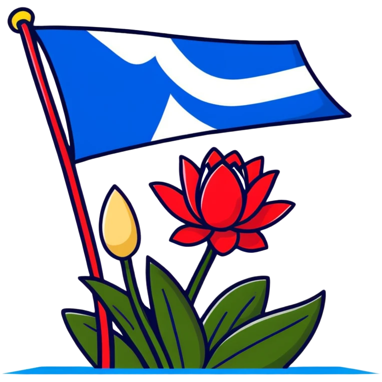 Flag of Friesland with blue and white diagonal stripes and red water lily leaves emoji