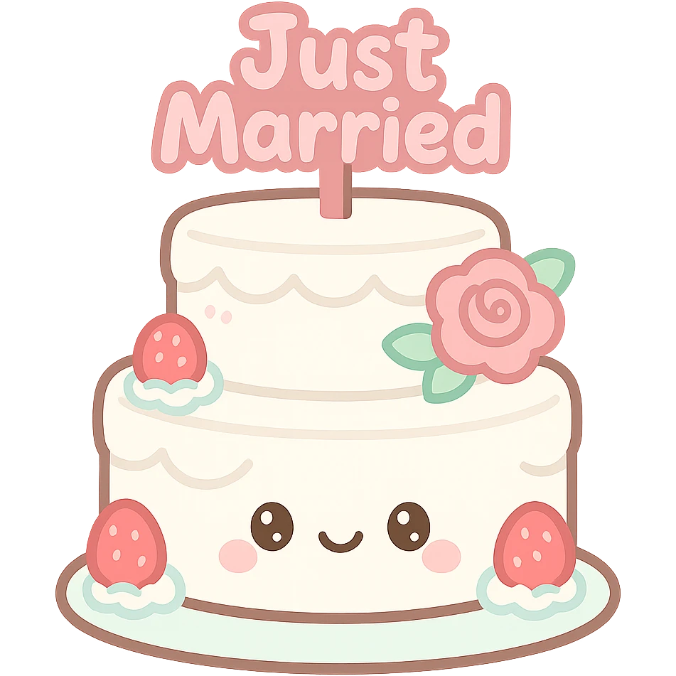 white wedding cake with strawberries, pink roses, Just Married topper, kawaii style emoji
