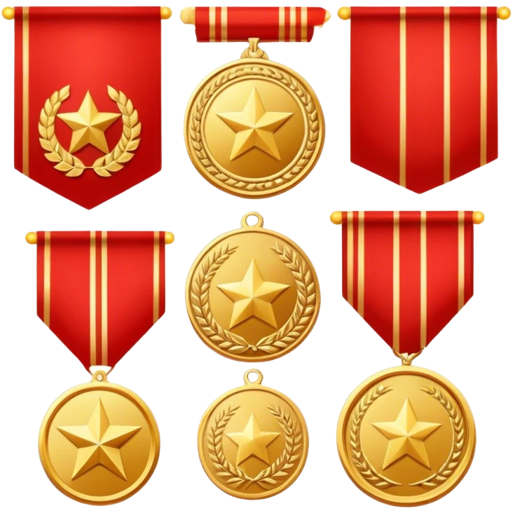 Icon for Collecting Orders, Medals & Badges: a variety of medals, orders and badges displayed on a large red pennant with fringed edges. The icon should convey the prestige and historical value of these collectibles. Transparent background. emoji