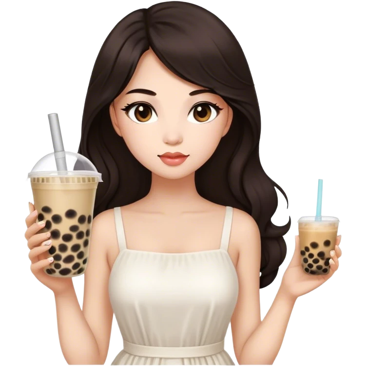 Beautiful woman in 1965’s woman fashion look, white dress, long dark brown hair, bubble tea emoji