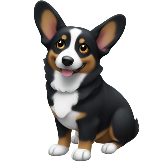Black corgi with one floppy ear next to a christmas tree emoji