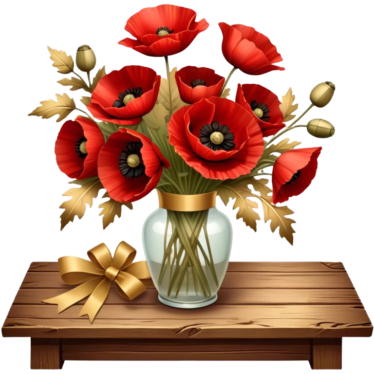 A lush bouquet of deep red poppies tied with a faded gold ribbon, resting on an antique wooden table. Warm brown leaves and golden sunlight add a vintage charm. emoji