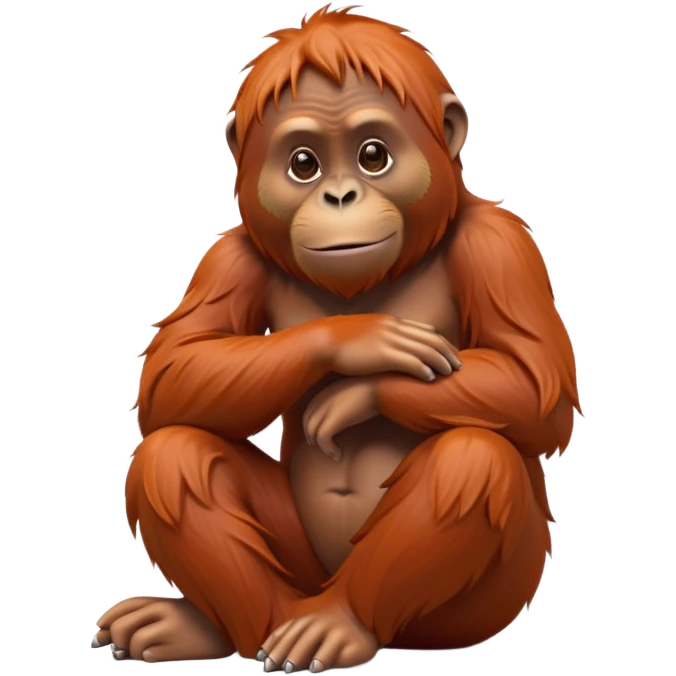 cinematic-orangutan-realistic-full-body-sitting-emoji,-massive-frame-relaxed-with-arms-folded-thoughtfully,-thick-orange-fur-flowing-in-the-breeze,-head-tilted-dramatically,-deep-dark-eyes-filled-with-ancient-wisdom,-simplified-yet-realistic-focused-features,-highly-detailed,-glowing-with-an-almost-sarcastic-glow emoji