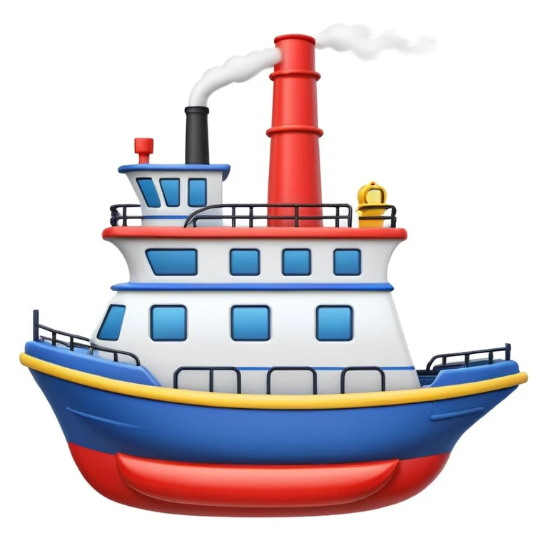3D apple style emoji of a ship with simplified shapes, cartoon-like look, glossy finish, soft shadows, white background, featuring a red smokestack, blue hull, and recognizable windows emoji