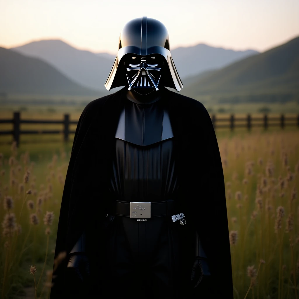 A portrait of a Darth vader in the foreground, blurred plants in the foreground (close to the camera), a wooden fence in the midground, rolling hills in the background, cinematic depth of field, layered composition, natural lighting emoji