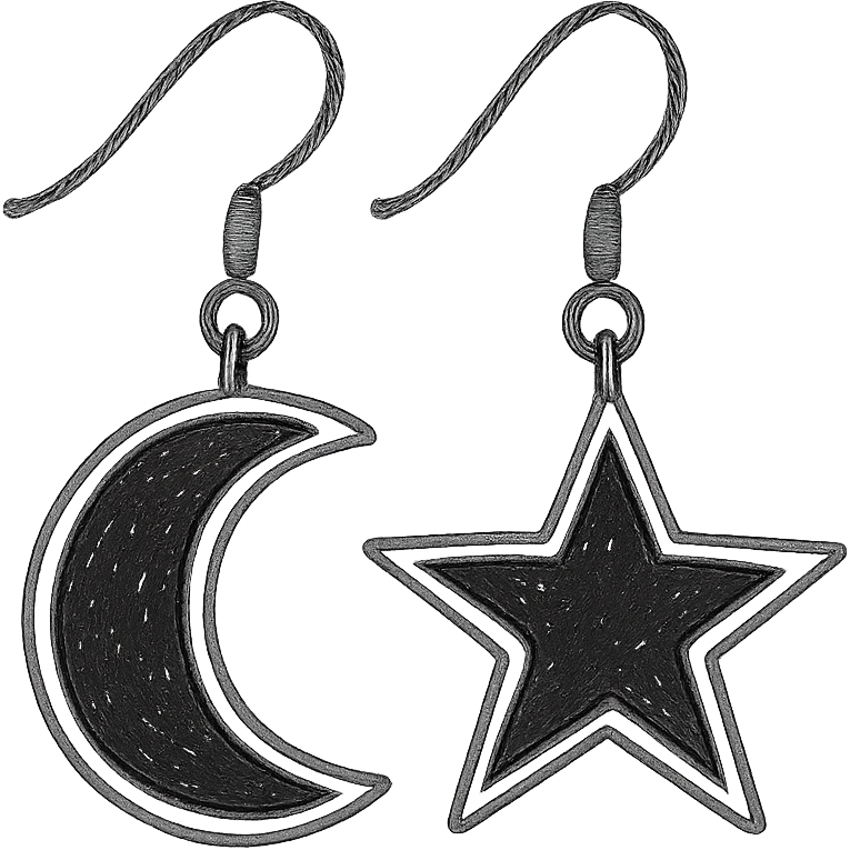 goth earrings, moon and star, silver with black enamel, celestial gothic emoji