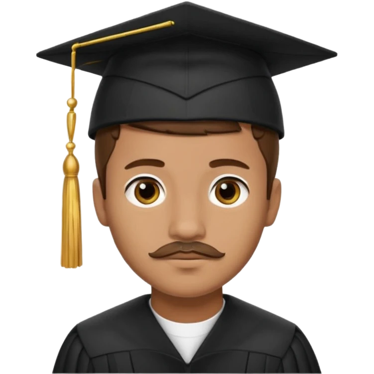 A young man with short brown hair, light brown skin, and a small mustache, wearing a black graduation cap with a gold tassel. emoji