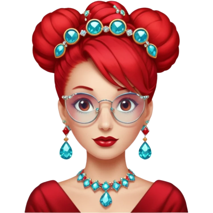 gem lover woman with gem accessories excessive amount gem glassess very big gem earrings red bun hair and red diamonds emoji