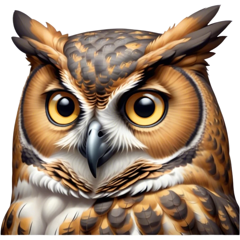 Cinematic Noble Great Horned Owl Portrait Emoji, Poised and regal, with a commanding, broad build and a richly mottled plumage of grays, whites, and subtle browns, deep-set soulful golden eyes, Simplified yet sharp and sophisticated features, highly detailed, glowing with a soft, dignified glow, high shine, intelligent and enigmatic, stylized with an air of nocturnal majesty, focused and attentive, soft glowing outline, capturing the essence of a watchful and confident raptor, so majestic it feels as though it could silently swoop out of the screen with effortless authority! emoji