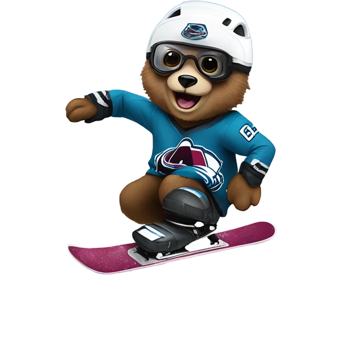 Bear on a snowboard in Colorado avalanche jersey doing hardcore tricks wearing helmet and goggles emoji