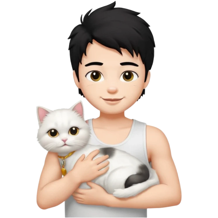 a pretty bratz boy with black hair and white sleeveless tank with a white persian cat smiling emoji