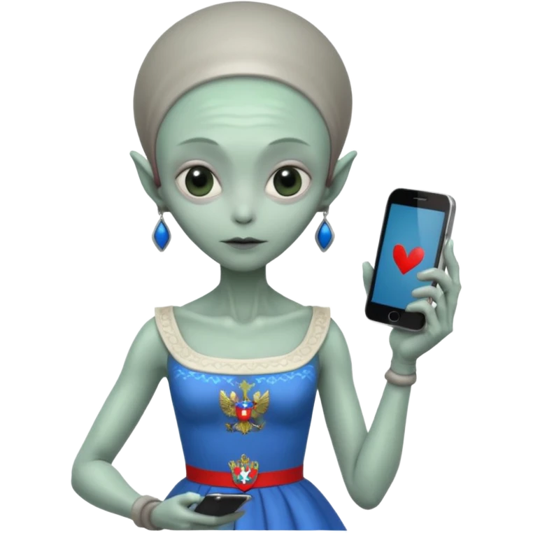 alien with russia custome dress and smartphone emoji