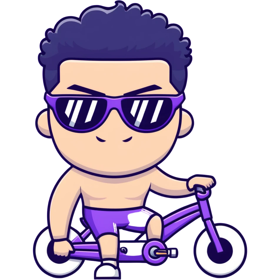 shirtless male athlete with white skin and moderately curly black hair on top with shaved sides, wearing purple bike sunglasses with black tinted lenses emoji