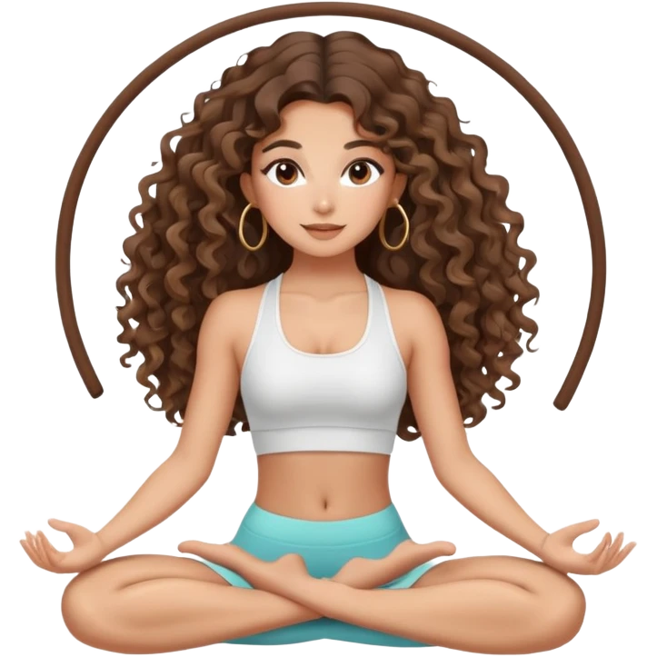 cute balayage brunette long hair curly/wavy haired girl, hoop earrings, clean girl makeup DOING a YOGA pose emoji